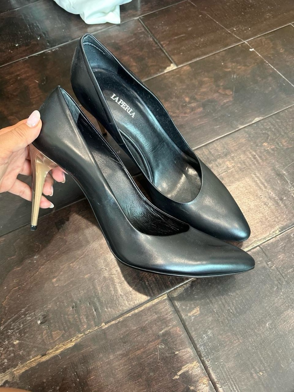 La Perla Black Leather Pointed-Toe Pumps with Gold Stiletto Heel